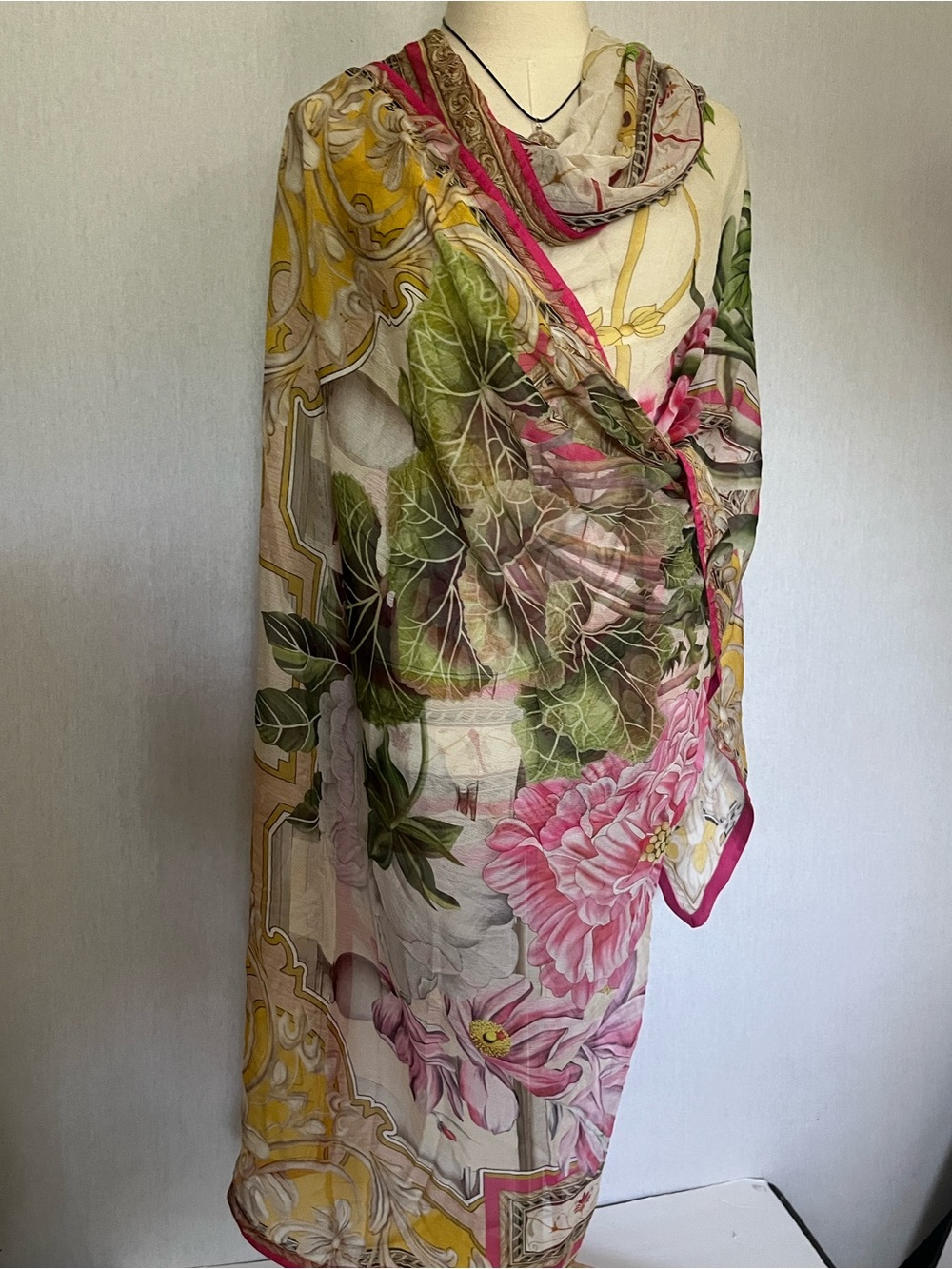Floral Pink Green Sheer Huge Wrap Scarf Cover Up